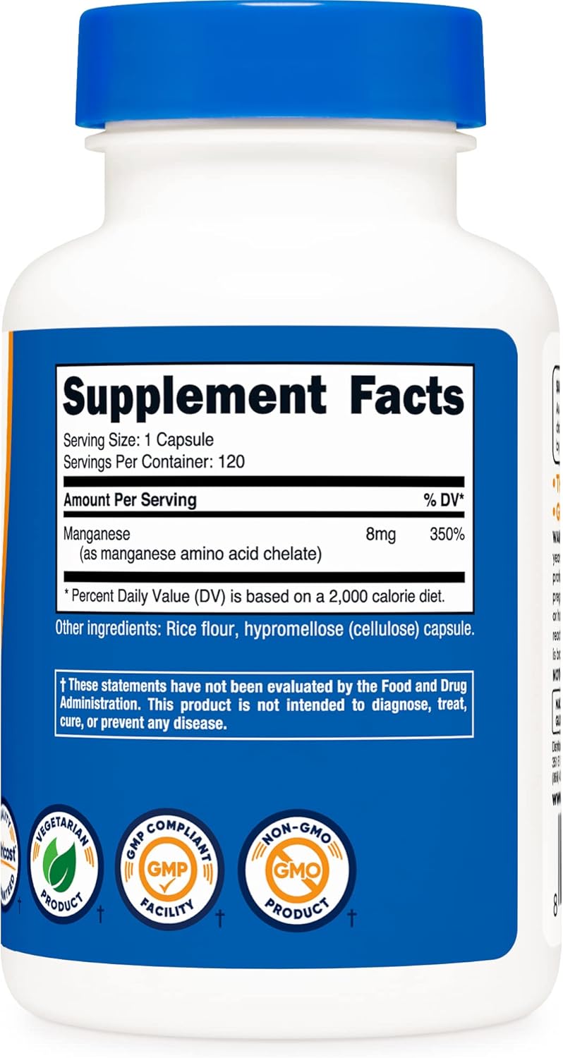 Nutricost 8mg Chelated Manganese Supplement - 120 Capsules, Amino Acid Chelate, Gluten-Free, Non-GMO, Vegetarian-Friendly