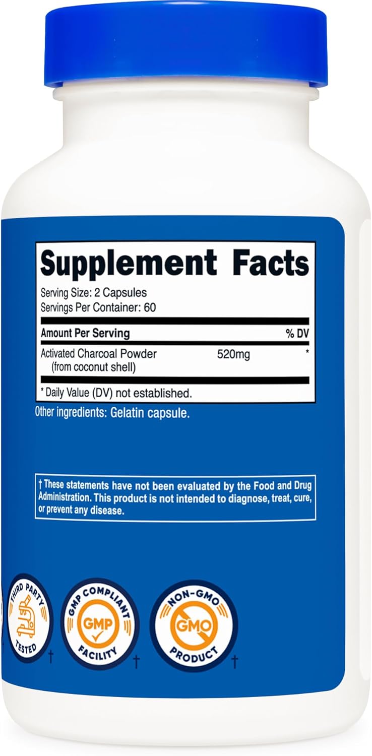 Nutricost Activated Charcoal Capsules - 520mg Premium Powder, Non-GMO, Gluten Free - 120 Count