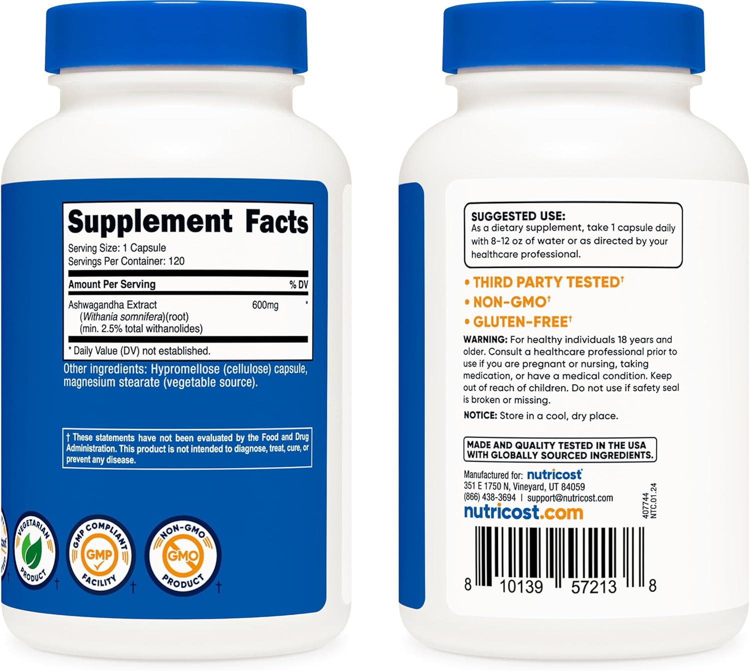 Nutricost Ashwagandha Capsules 600mg - 120 Count Vegetarian Non-GMO Gluten Free Herbal Supplement