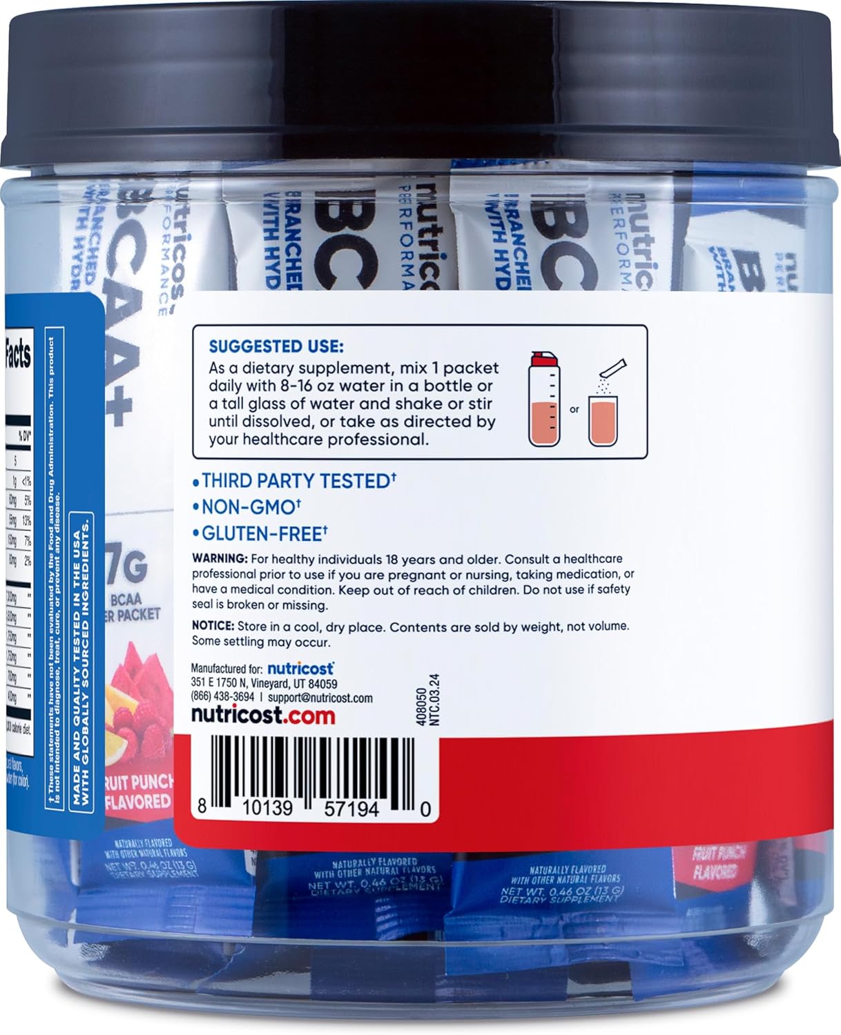 Nutricost BCAA+ Hydration Fruit Punch Flavor Stickpacks - Gluten-Free, Non-GMO Formula with Branched Chain Amino Acids and Hydration Complex