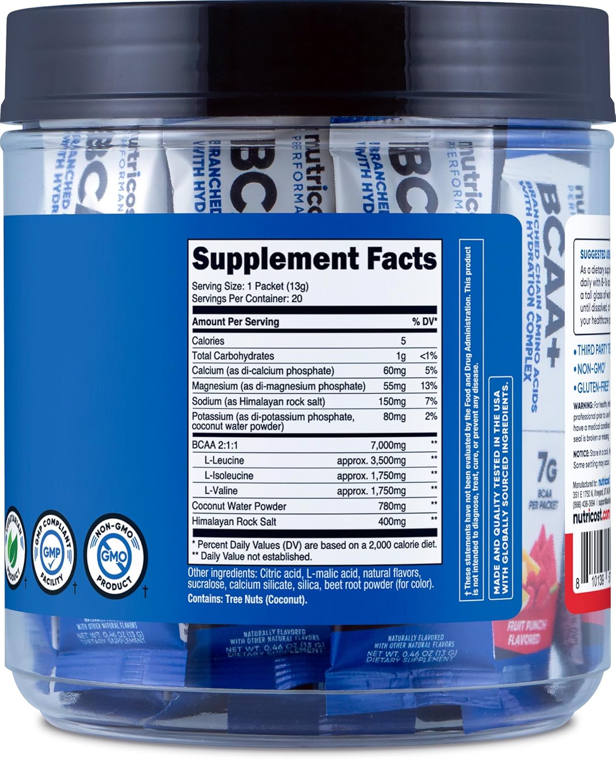 Nutricost BCAA+ Hydration Fruit Punch Flavor Stickpacks - Gluten-Free, Non-GMO Formula with Branched Chain Amino Acids and Hydration Complex