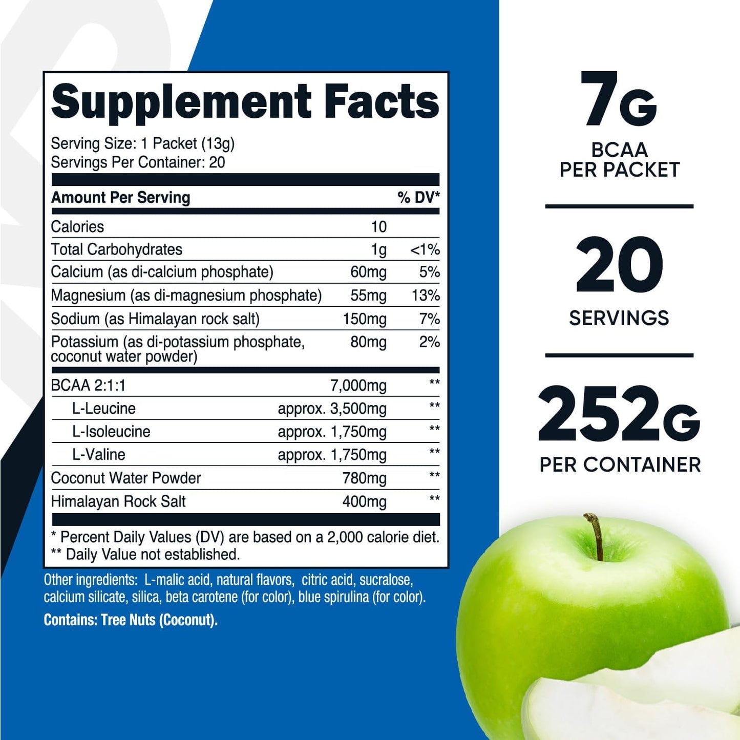 Nutricost BCAA+ Hydration Green Apple Stickpacks - Gluten-Free, Non-GMO Formula with Hydration Complex