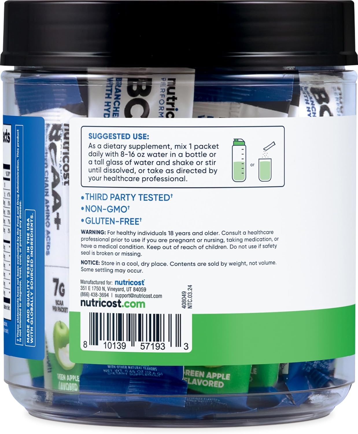 Nutricost BCAA+ Hydration Green Apple Stickpacks - Gluten-Free, Non-GMO Formula with Hydration Complex