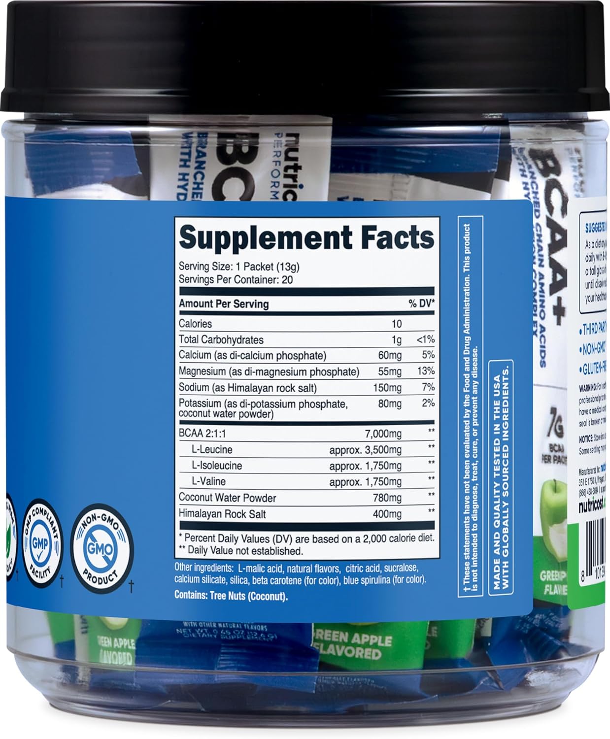 Nutricost BCAA+ Hydration Green Apple Stickpacks - Gluten-Free, Non-GMO Formula with Hydration Complex