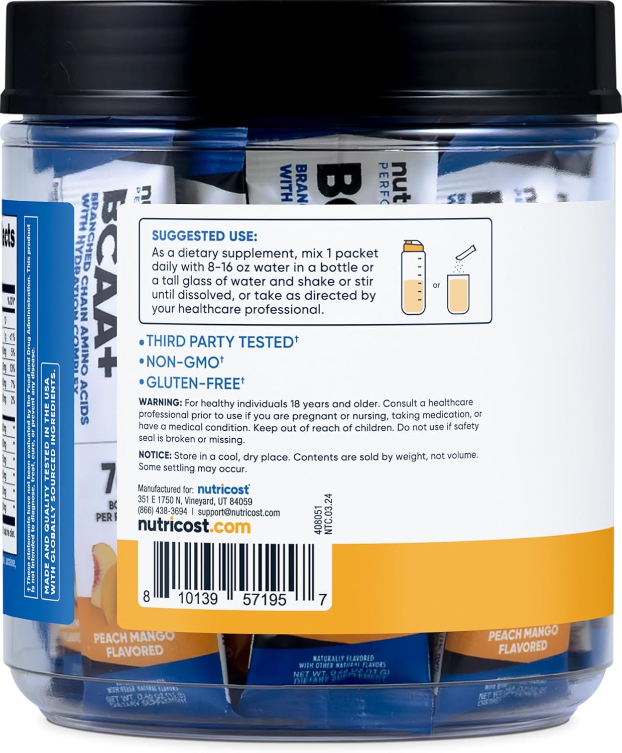 Nutricost BCAA+ Hydration Peach Mango Stickpacks - BCAAs with Hydration Complex - Gluten-Free, Non-GMO (20 Count)