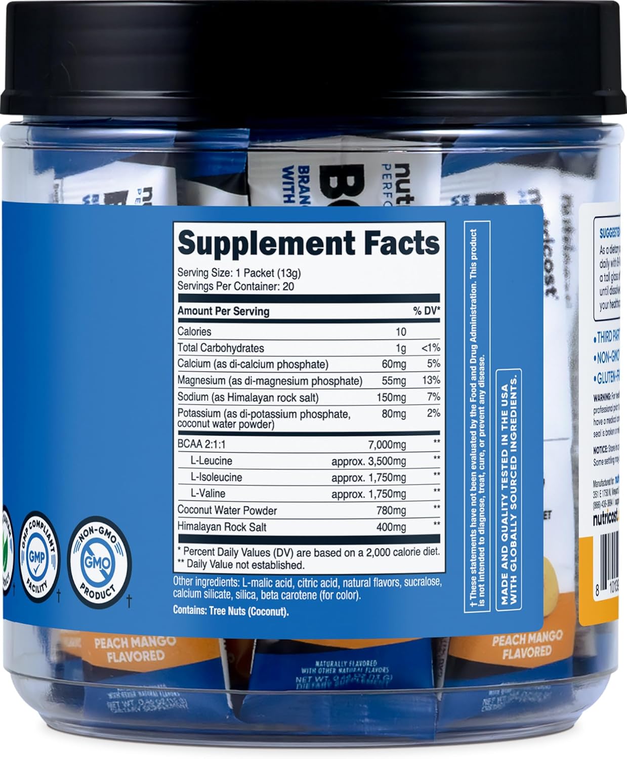 Nutricost BCAA+ Hydration Peach Mango Stickpacks - BCAAs with Hydration Complex - Gluten-Free, Non-GMO (20 Count)