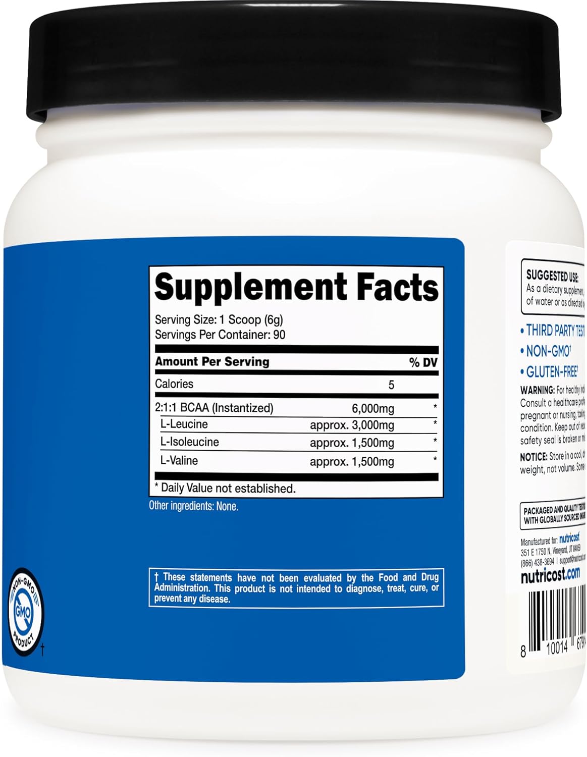 Nutricost BCAA Powder 2:1:1 - 90 Servings, Unflavored Branched Chain Amino Acid Supplement