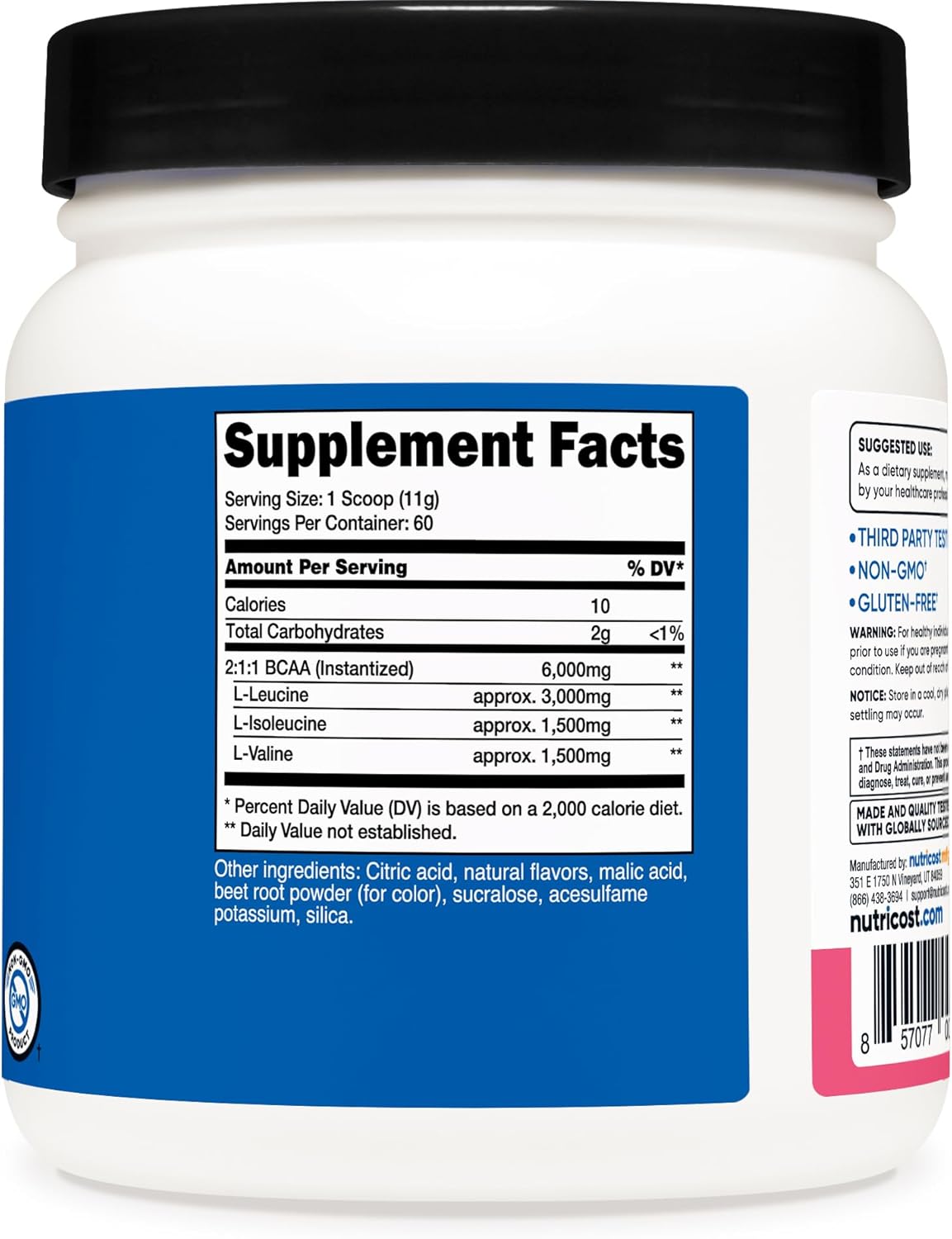 Nutricost BCAA Powder in Raspberry Lemonade Flavor - 60 Servings with Optimal 2:1:1 Ratio