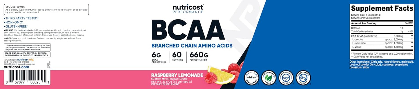 Nutricost BCAA Powder in Raspberry Lemonade Flavor - 60 Servings with Optimal 2:1:1 Ratio