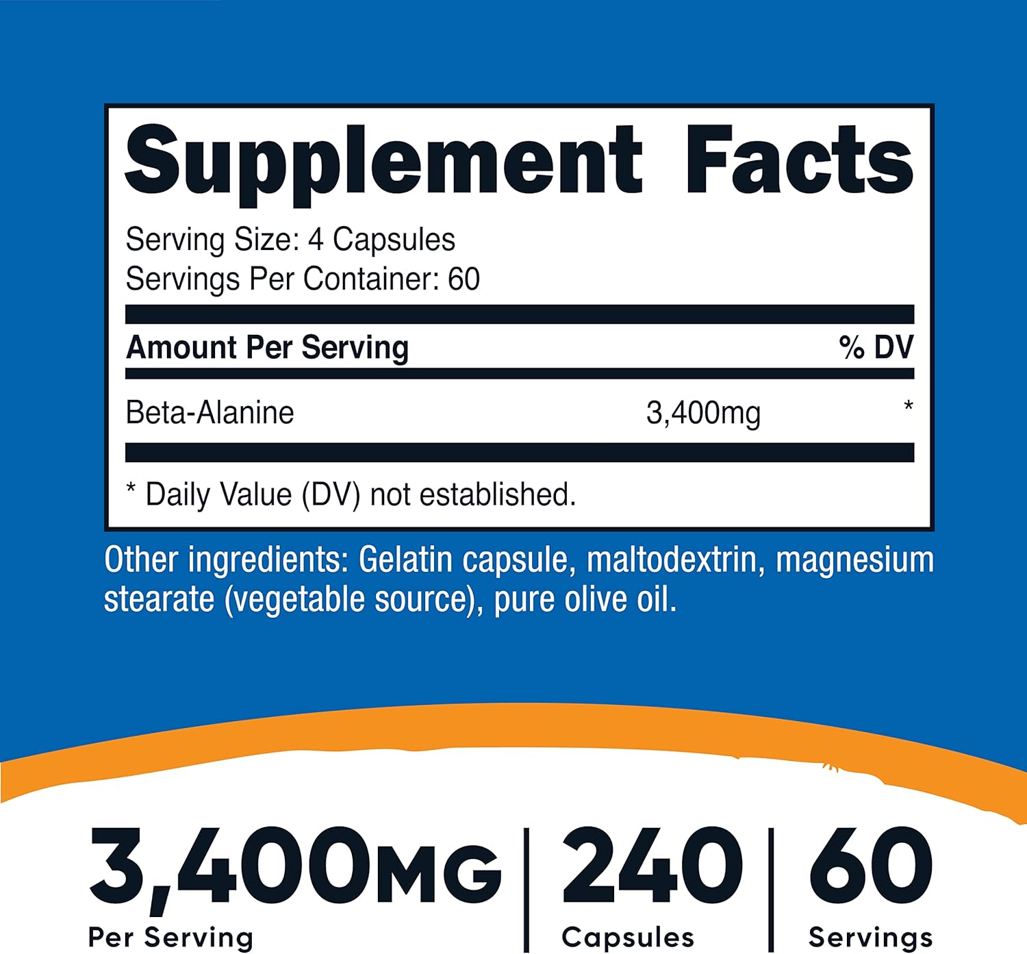 Nutricost Beta Alanine Capsules 3400mg - 2 Pack, Potent Gluten Free & Non-GMO Supplement with 850mg Per Cap, 60 Servings