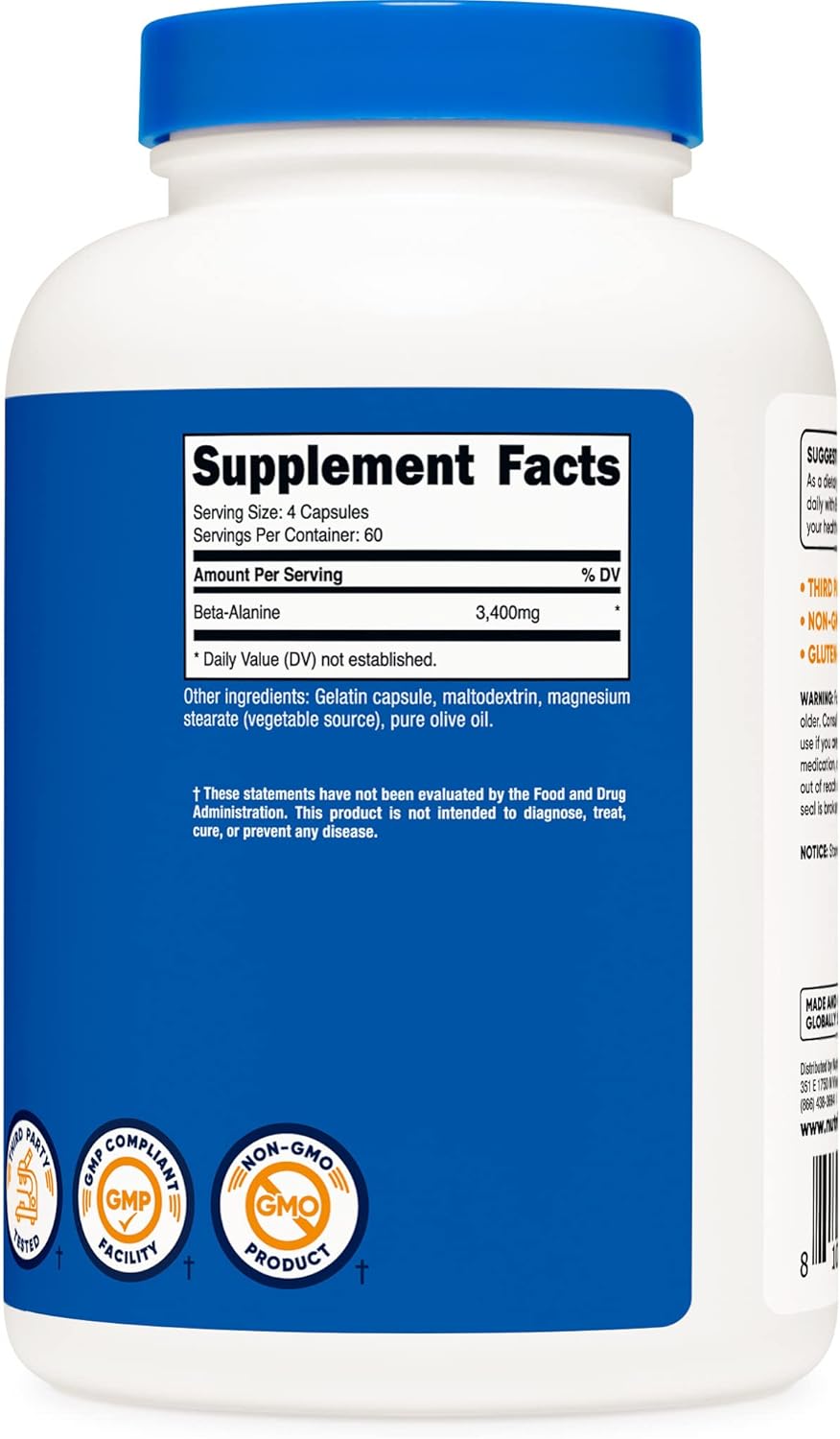 Nutricost Beta Alanine Capsules 3400mg - 2 Pack, Potent Gluten Free & Non-GMO Supplement with 850mg Per Cap, 60 Servings