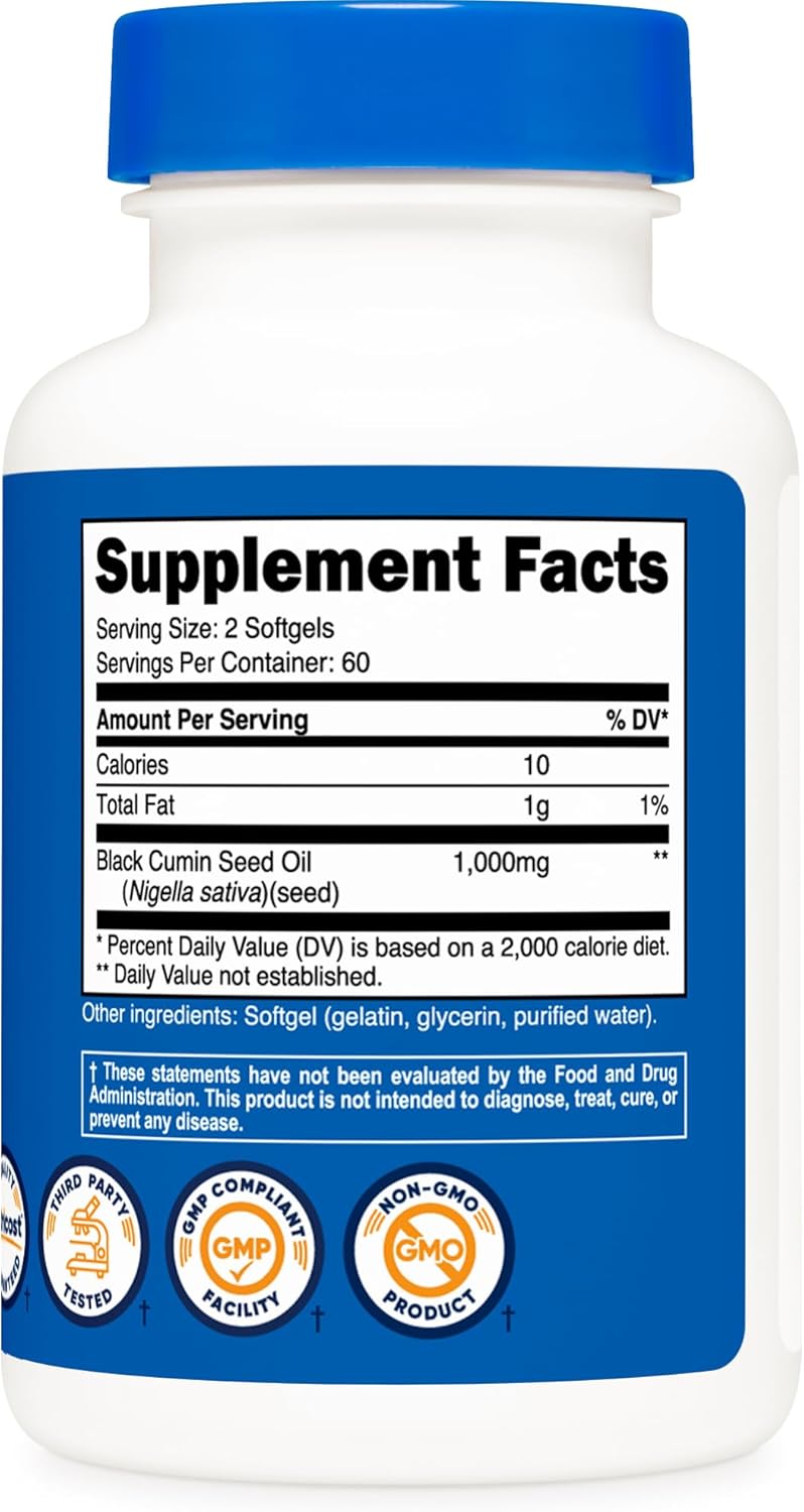 Nutricost Black Seed Oil Softgels - Cold Pressed, 1000mg Per Serving, Omega 3 6 9 Source - 120 Softgels, Non-GMO, Gluten Free