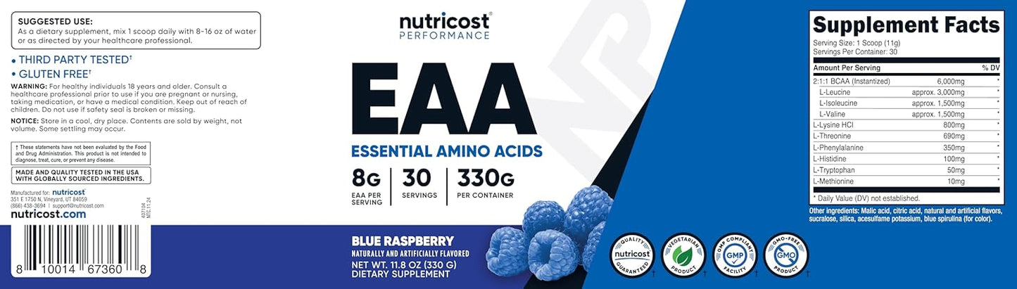 Nutricost Blue Raspberry EAA Powder - 30 Servings, Essential Amino Acids, Non-GMO, Gluten Free, Vegetarian