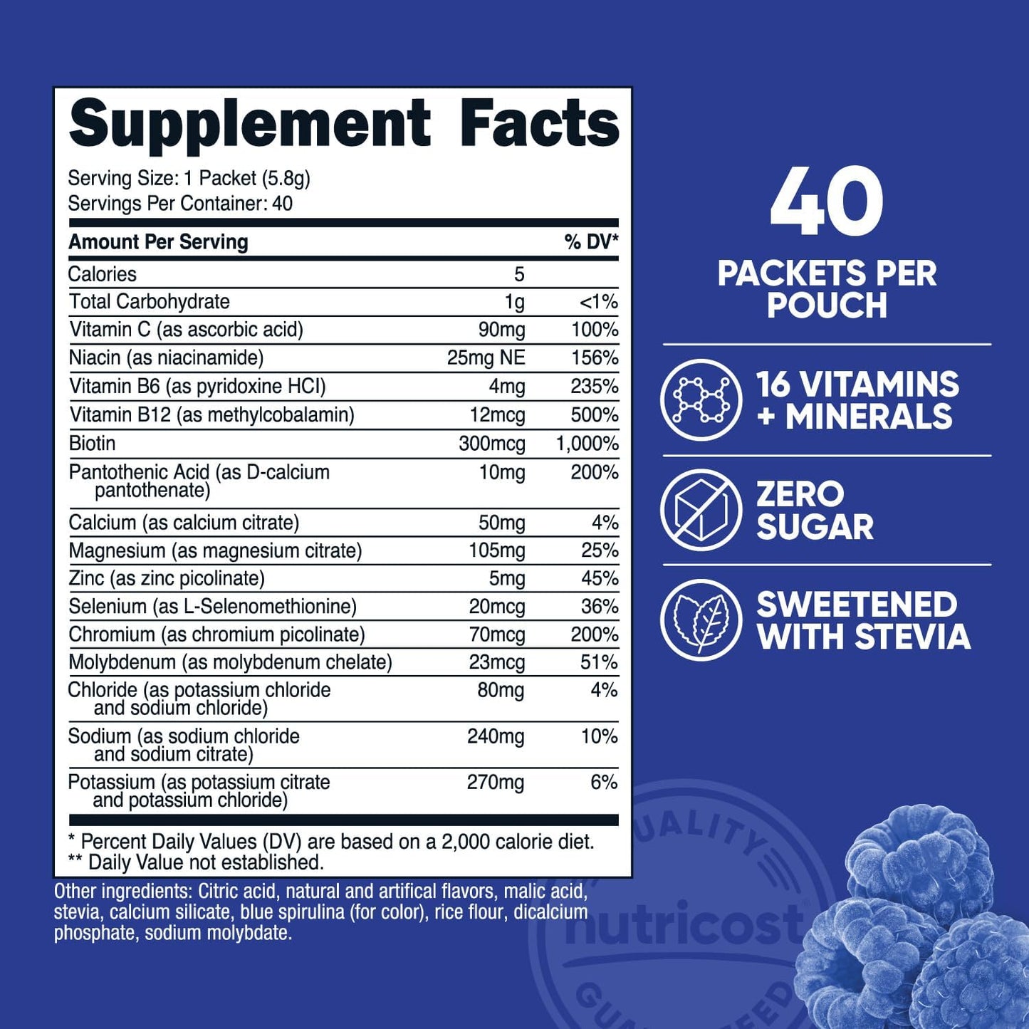 Nutricost Blue Raspberry Electrolyte Powder Packets - 40 Servings, Low Calorie Keto Hydration Mix with Stevia - Non-GMO & Gluten Free