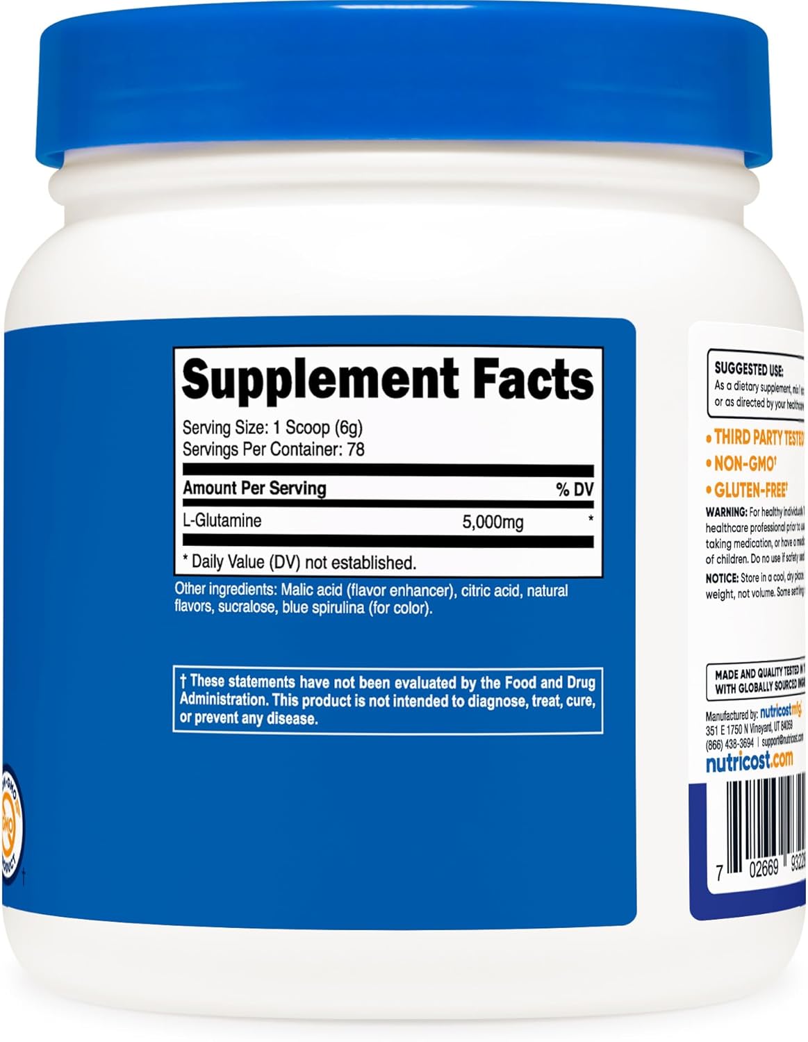 Nutricost Blue Raspberry L-Glutamine Powder - 500 Grams