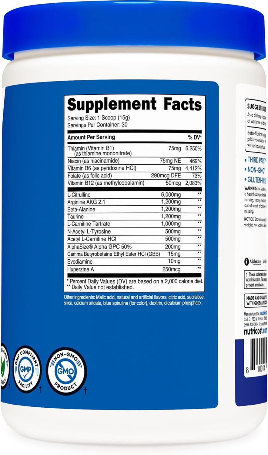 Nutricost Blue Raspberry Pre-Workout - Caffeine-Free & Stimulant-Free Formula, 30 Servings, Non-GMO & Gluten-Free