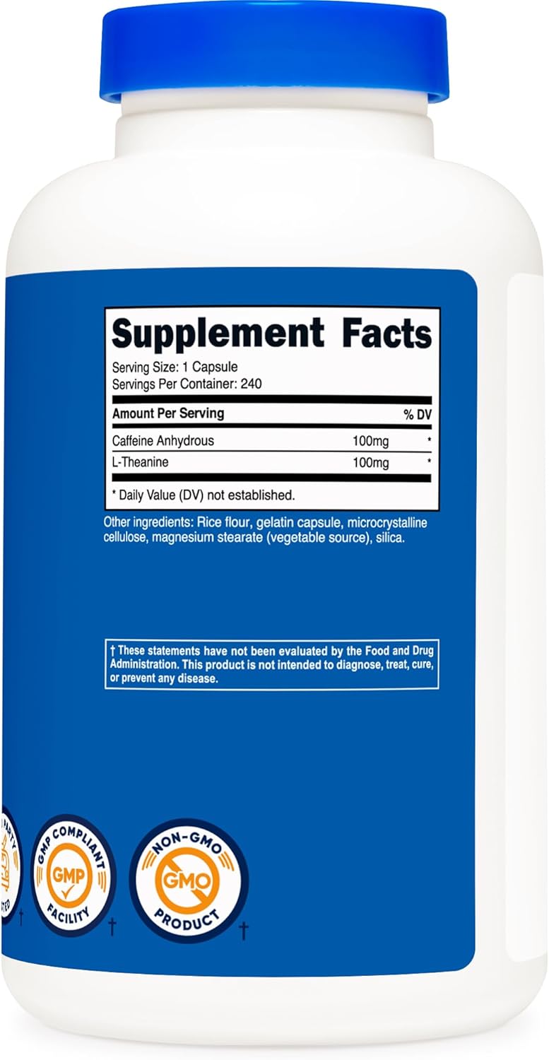 Nutricost Caffeine and L-Theanine Capsules - 100mg Each, 240 Count, Non-GMO & Gluten Free - 240 Servings