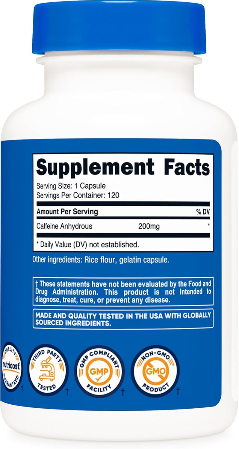 Nutricost Caffeine Pills 200mg - 120 Capsules, Gluten Free & Non-GMO Formula