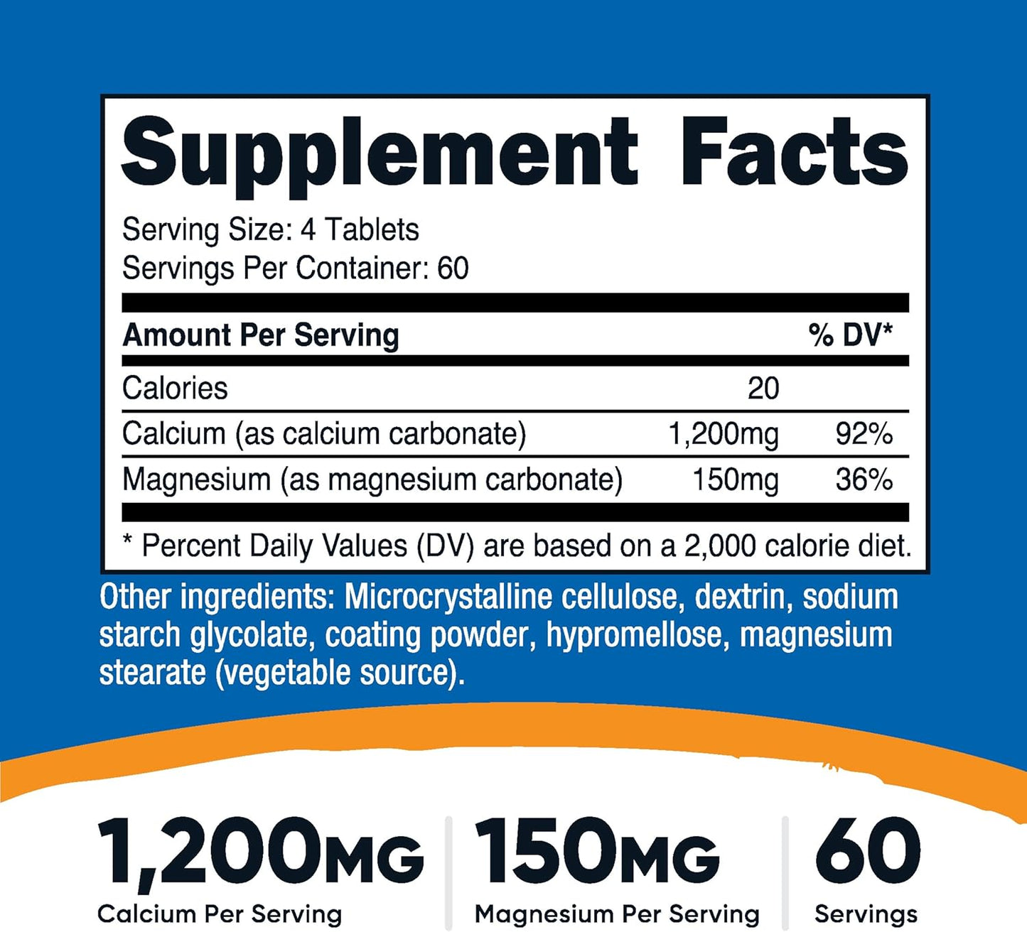 Nutricost Calcium & Magnesium Carbonate Tablets - 1200mg Ca & 150mg Mg per Serving - 60 Servings - Gluten Free, Non-GMO