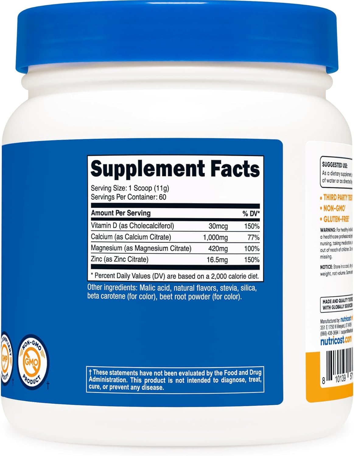 Nutricost Calcium Magnesium Zinc Powder with Vitamin D3 - 60 Servings (Peach Mango) - 1000mg Calcium, 420mg Magnesium, 16.5mg Zinc, 30mcg Vitamin D3 - Gluten Free, Non-GMO