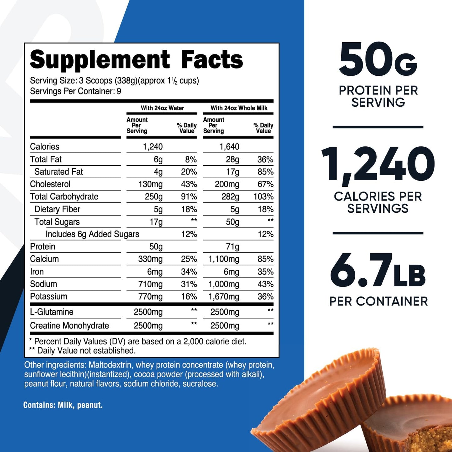 Nutricost Chocolate Peanut Butter Mass Gainer - 50g Protein/Serving, 6.7lbs - Non-GMO