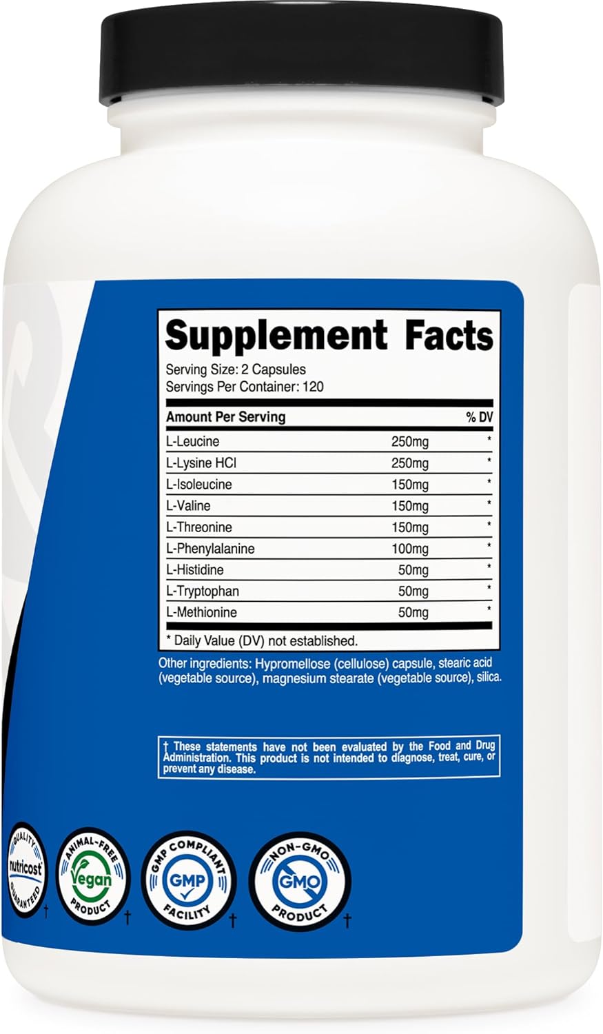 Nutricost EAA Capsules 1200mg, 240 Capsules - Essential Amino Acids, 120 Servings - Non-GMO, Gluten Free & Vegan - High Quality Dietary Supplement