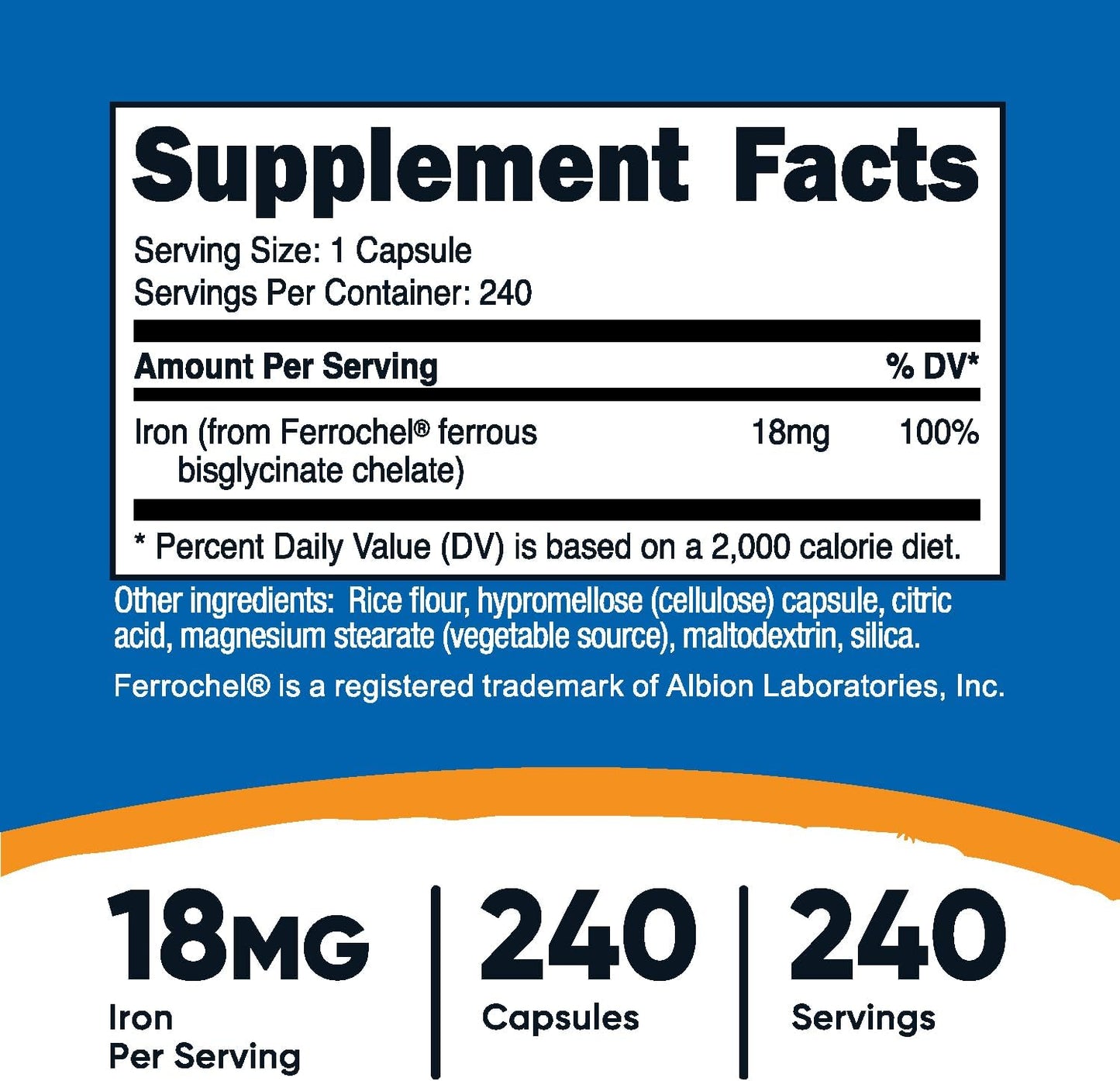 Nutricost Ferrochel Iron Chelate Supplement, 18mg, 240 Capsules - Gluten Free, Non GMO Formula