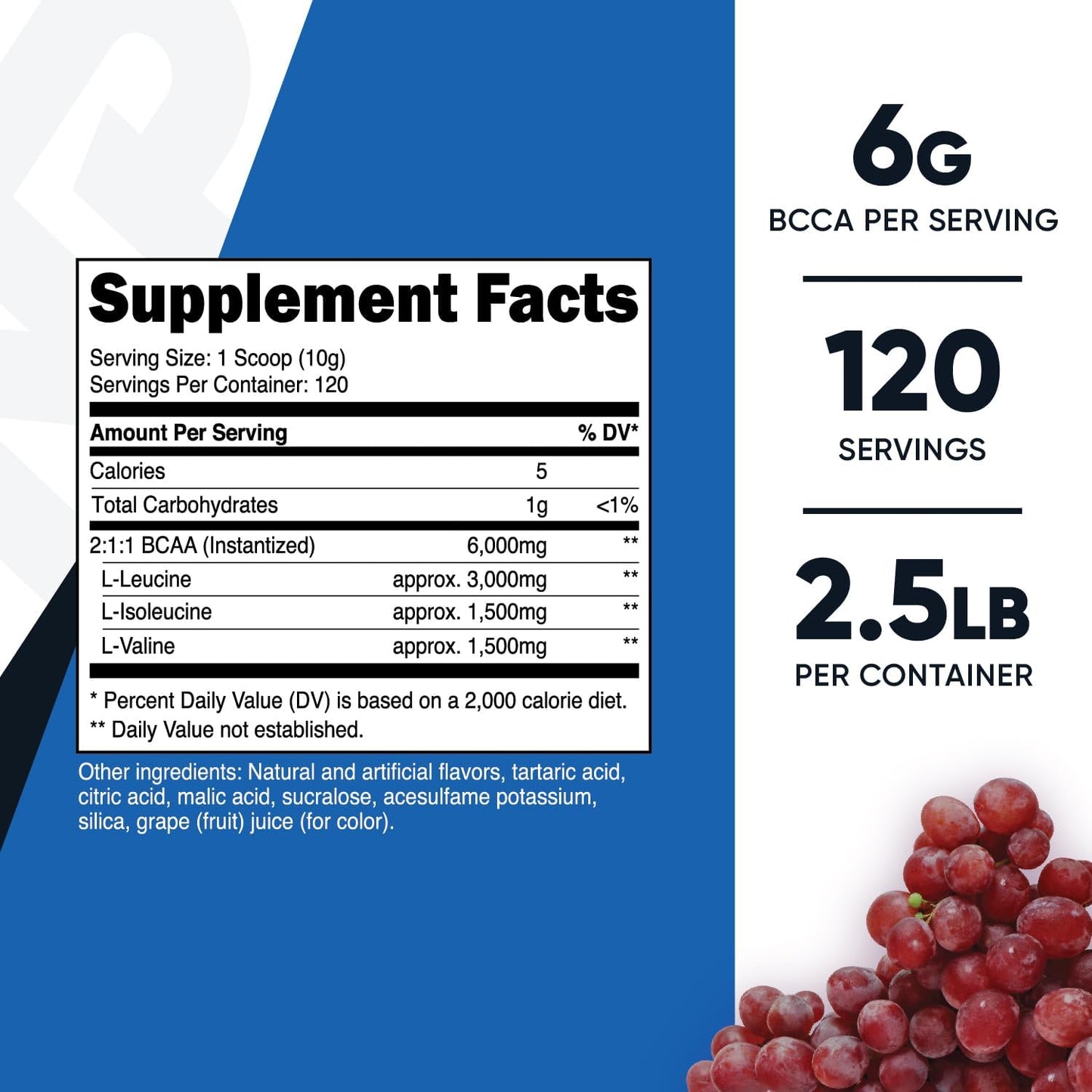 Nutricost Grape BCAA Powder - 120 Servings, Gluten-Free, Non-GMO, Vegetarian, 2:1:1 Ratio