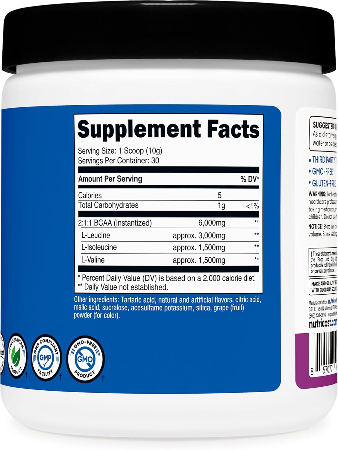 Nutricost Grape BCAA Powder - 30 Servings, 2:1:1 Ratio, Vegetarian, Non-GMO
