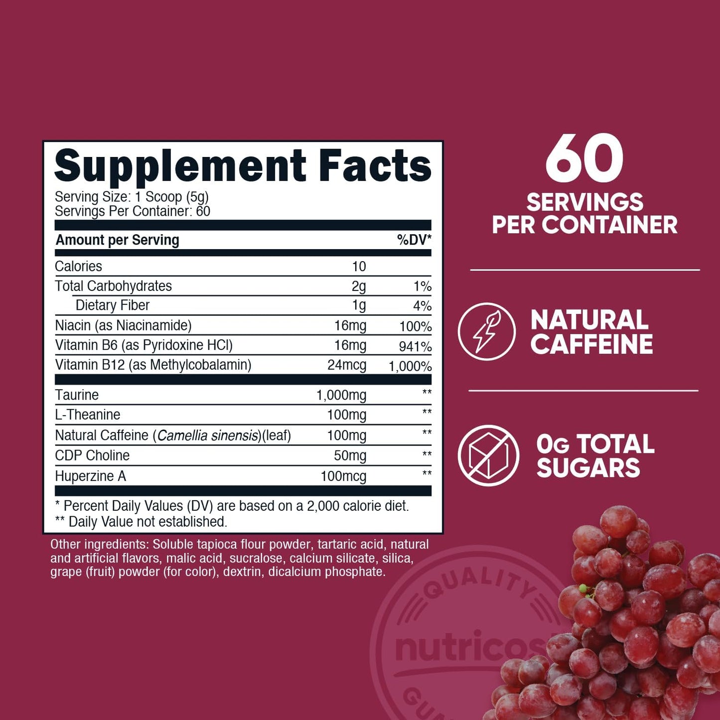 Nutricost Grape Energy Drink Powder - 60 Servings, Pre Workout Supplement with Natural Flavors - Non-GMO, Gluten-Free