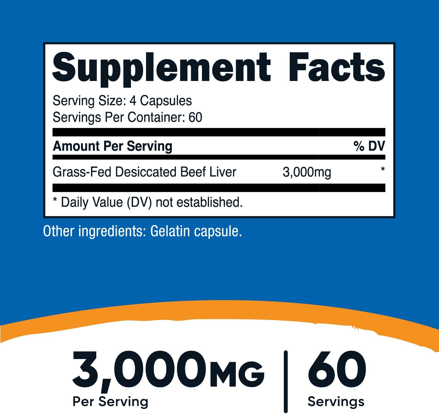 Nutricost Grass Fed Desiccated Beef Liver Capsules 3000mg - 240 Capsules, Hormone-Free, GMO-Free, Gluten-Free, Pasture-Raised Beef