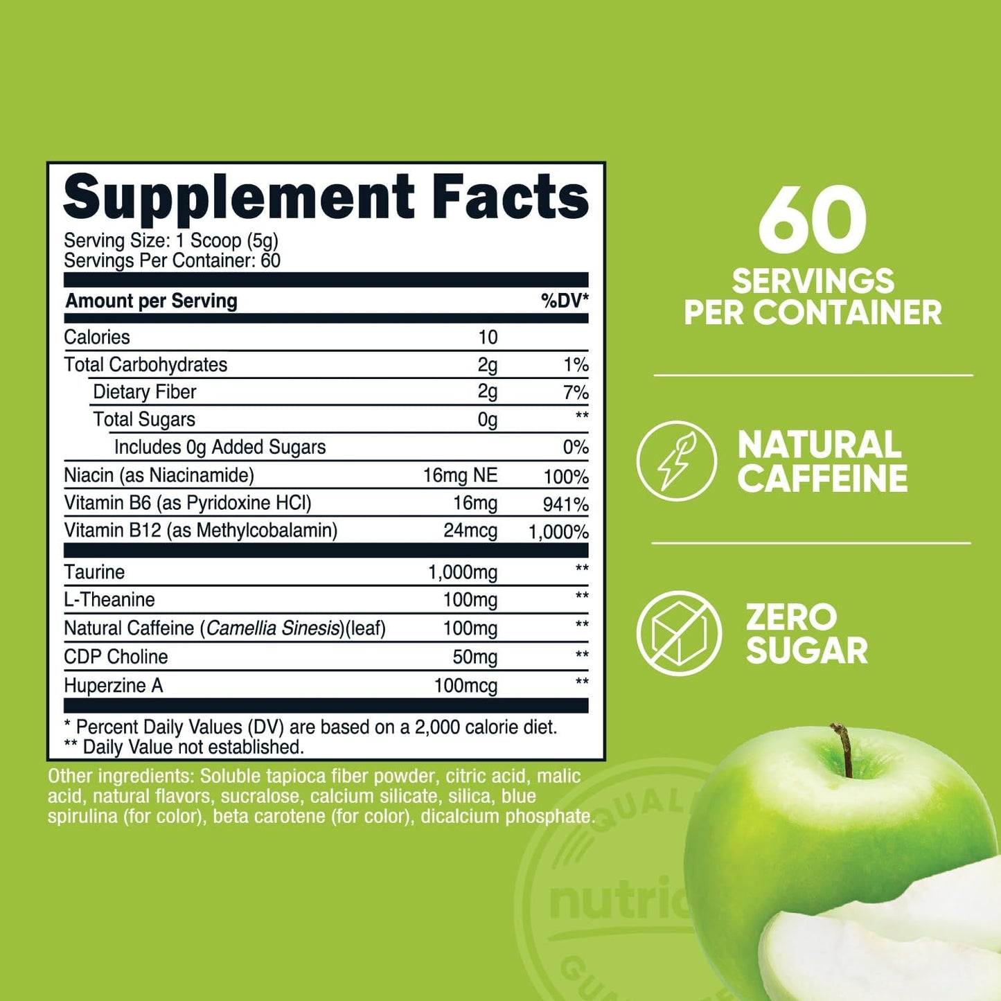 Nutricost Green Apple Energy Complex Powder - 60 Servings, 300g Dietary Supplement for Clean Energy Boost
