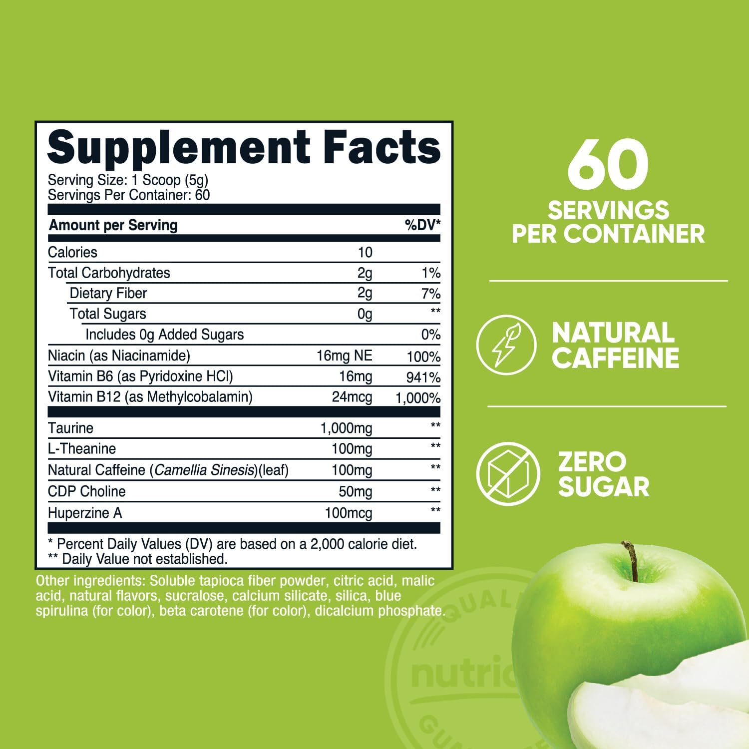 Nutricost Green Apple Energy Complex Powder - 60 Servings, 300g Dietary Supplement for Clean Energy Boost