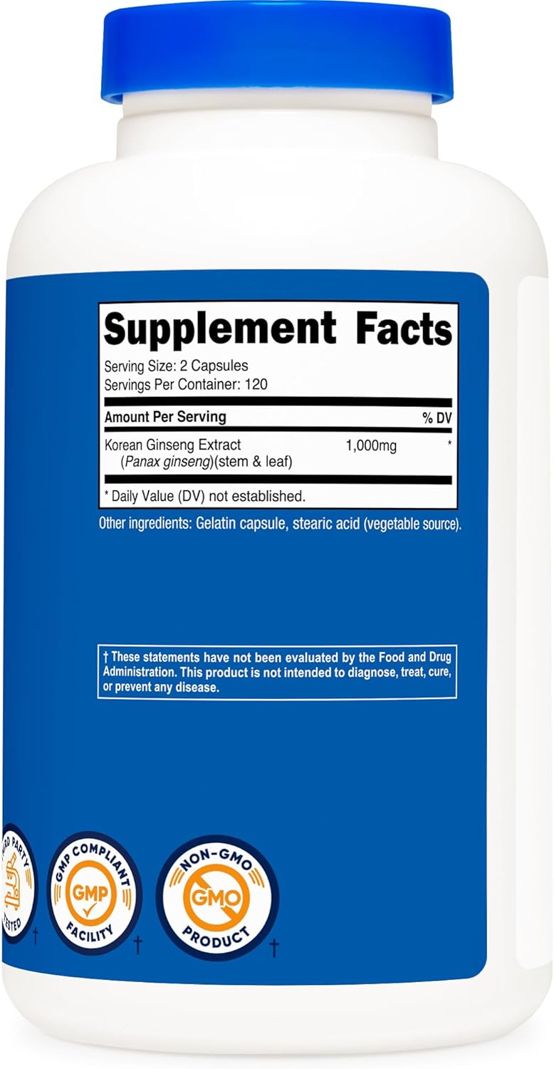 Nutricost Korean Panax Red Ginseng Capsules - 1000mg Serving, 240 Capsules, Gluten Free & Non-GMO - 120 Servings