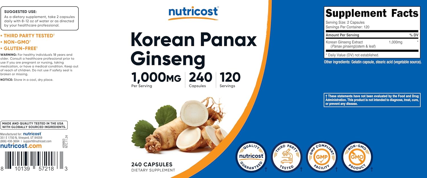 Nutricost Korean Panax Red Ginseng Capsules - 1000mg Serving, 240 Capsules, Gluten Free & Non-GMO - 120 Servings