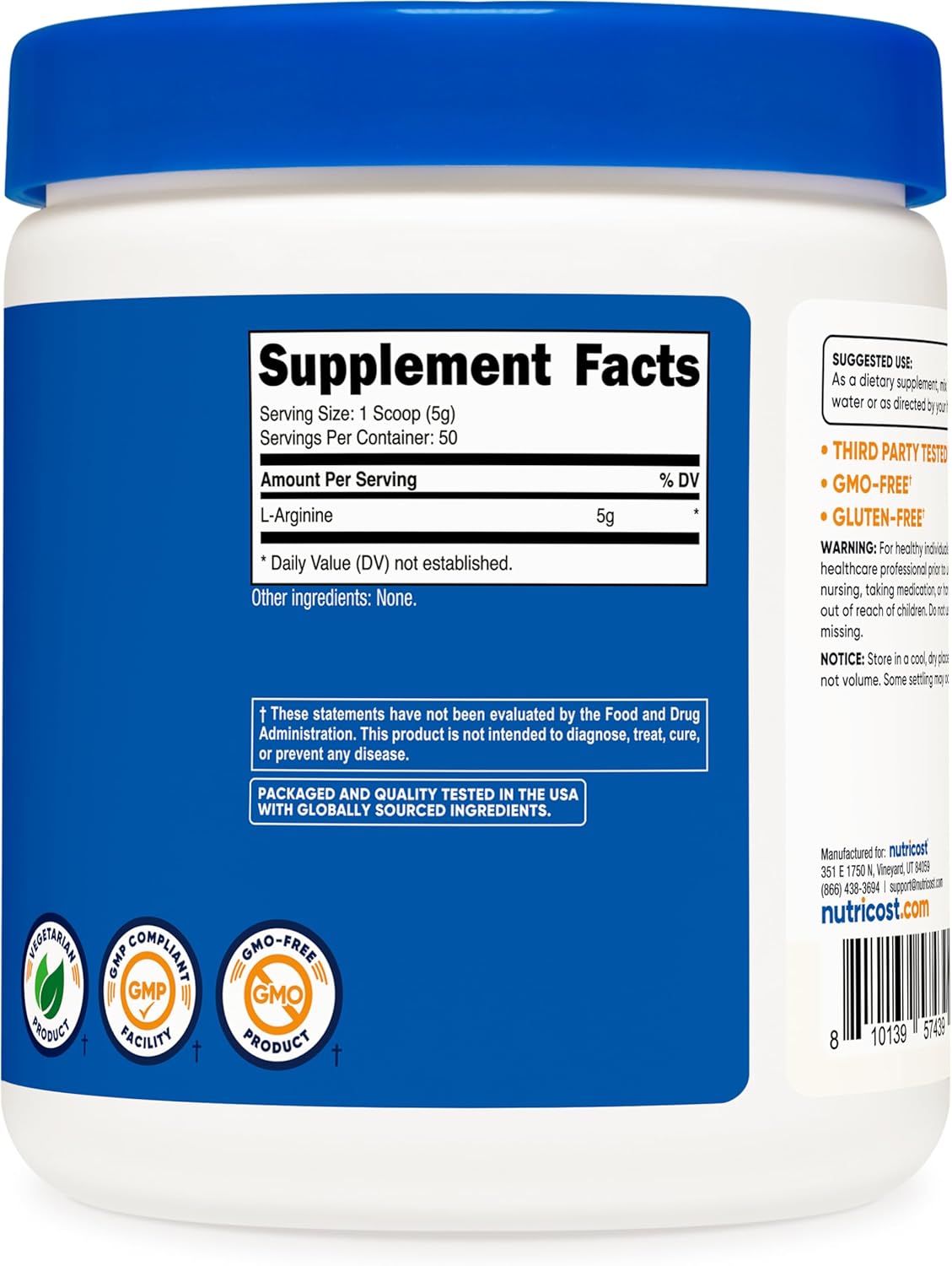 Nutricost L-Arginine Powder - 250g, 5000mg Per Serving - 50 Servings