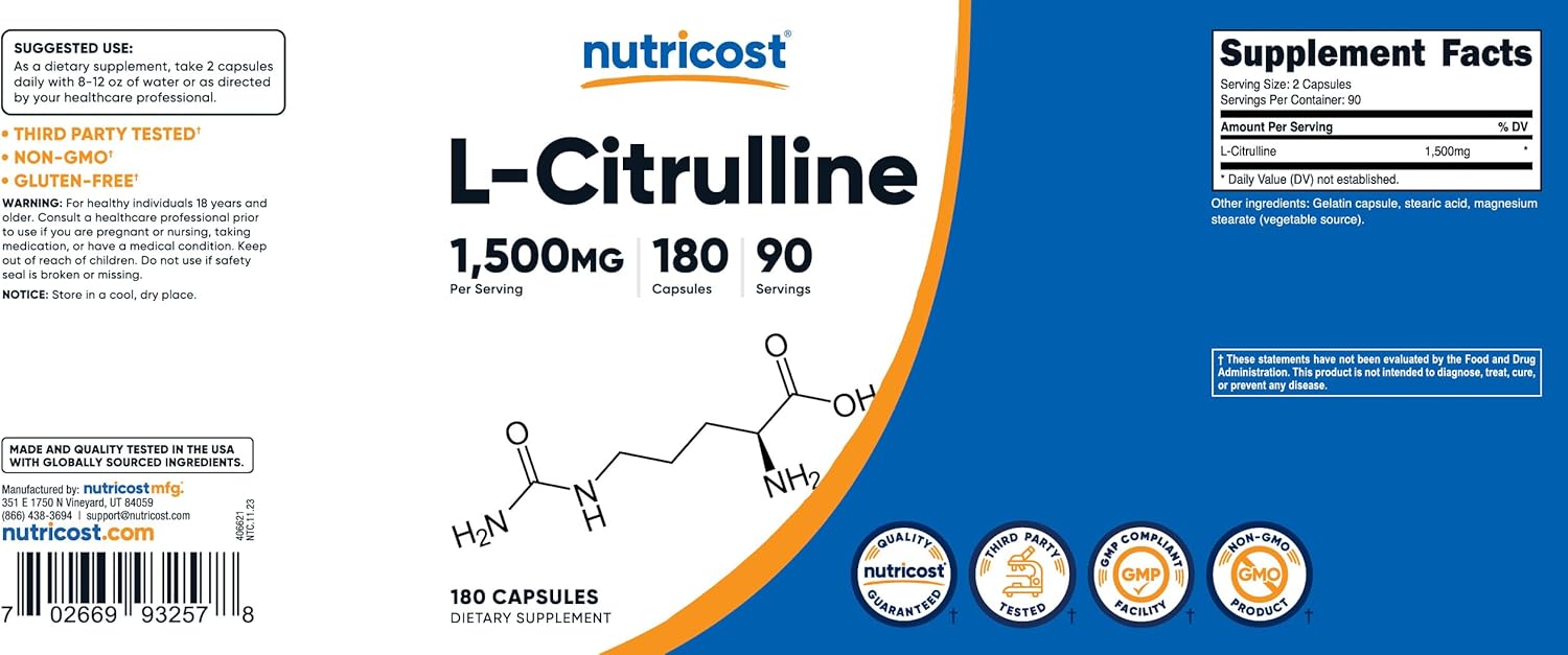 Nutricost L-Citrulline 1500mg - 180 Capsules, 750mg Per Capsule, Gluten Free, Non-GMO