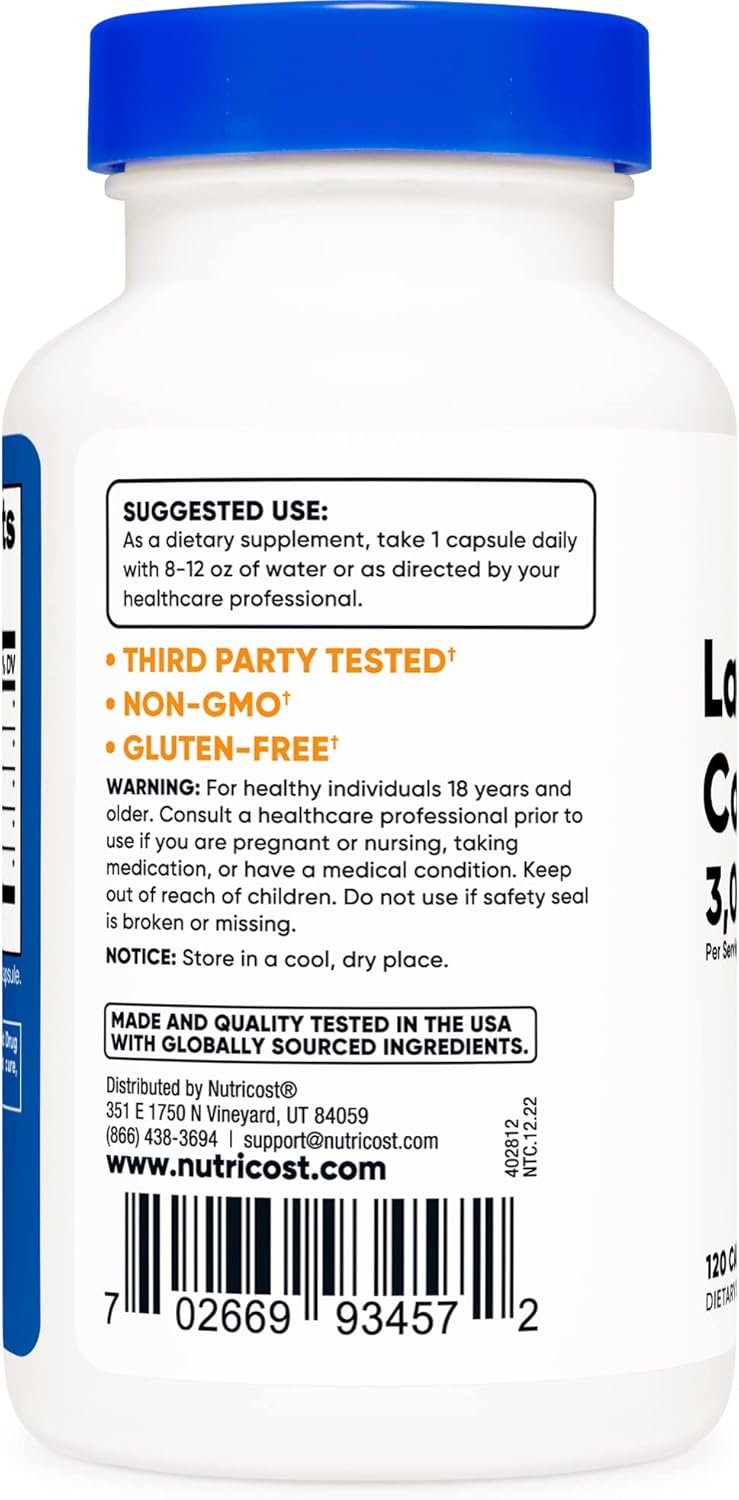 Nutricost Lactase Enzyme Complex 3,000 FCC ALU, 120 Vegetarian Capsules - Non-GMO, Gluten Free - 120 Servings