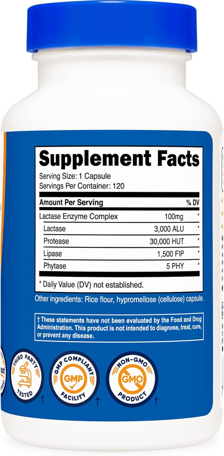 Nutricost Lactase Enzyme Complex 3,000 FCC ALU, 120 Vegetarian Capsules - Non-GMO, Gluten Free - 120 Servings