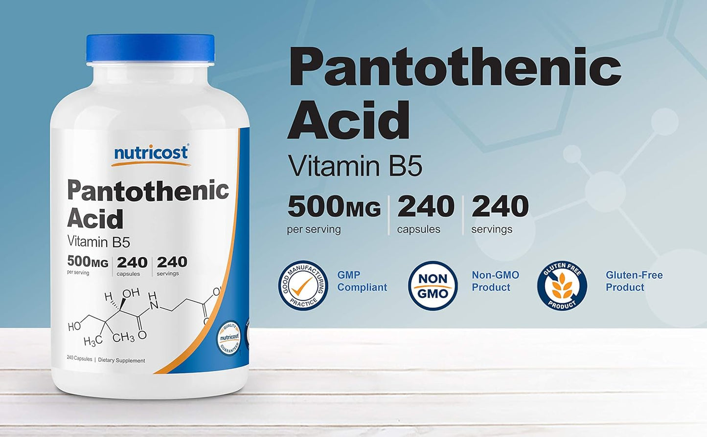Nutricost Pantothenic Acid (Vitamin B5) 500mg - 240 Capsules, Pack of 2