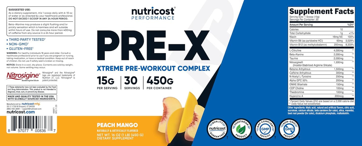 Nutricost Peach Mango Pre-X Xtreme Pre-Workout Powder - 30 Servings, Vegetarian, Non-GMO, Gluten Free