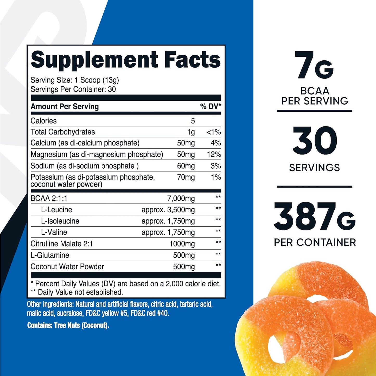 Nutricost Peach Rings BCAA Hydration Powder - 30 Servings, Gluten-Free & Non-GMO - Hydration Complex with Branched Chain Amino Acids