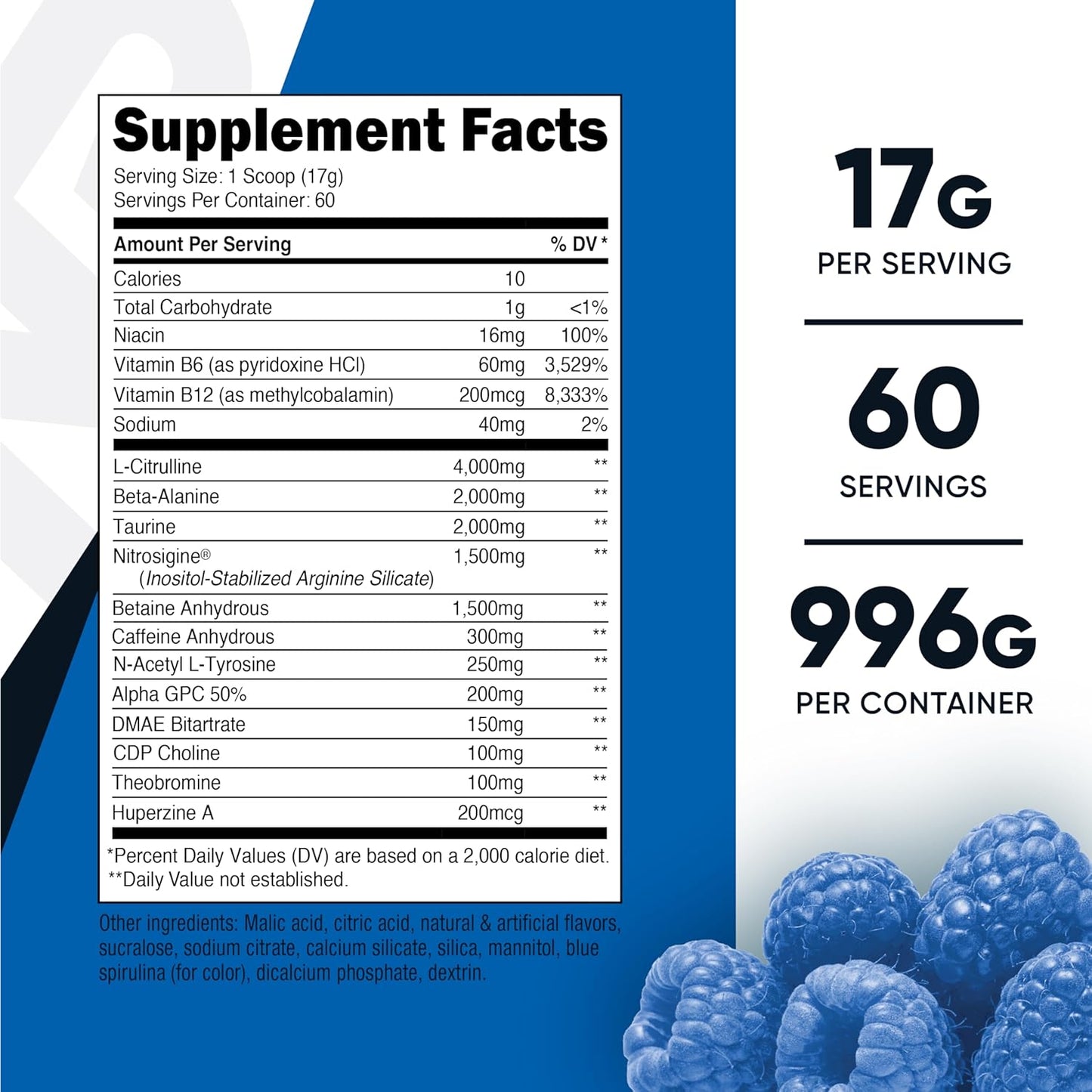 Nutricost Pre-X Xtreme Blue Raspberry Pre-Workout Powder - 60 Servings, Vegetarian, Non-GMO, Gluten Free