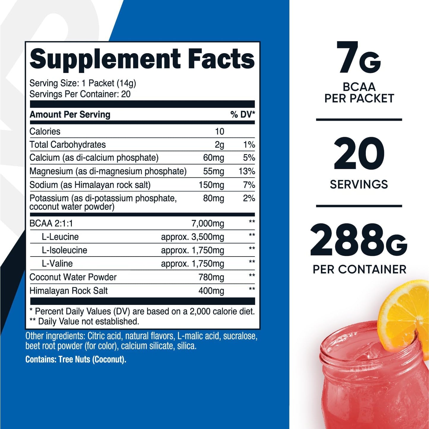 Nutricost Raspberry Lemonade BCAA + Hydration Complex Stickpacks (20) - Gluten-Free, Non-GMO Branch Chain Amino Acids