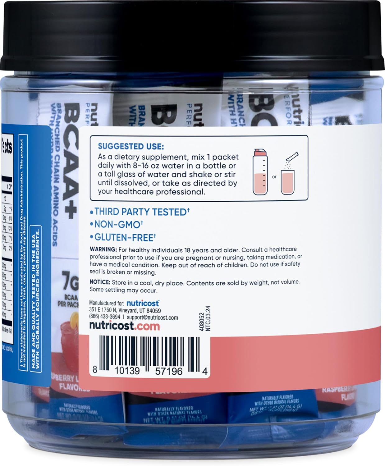 Nutricost Raspberry Lemonade BCAA + Hydration Complex Stickpacks (20) - Gluten-Free, Non-GMO Branch Chain Amino Acids