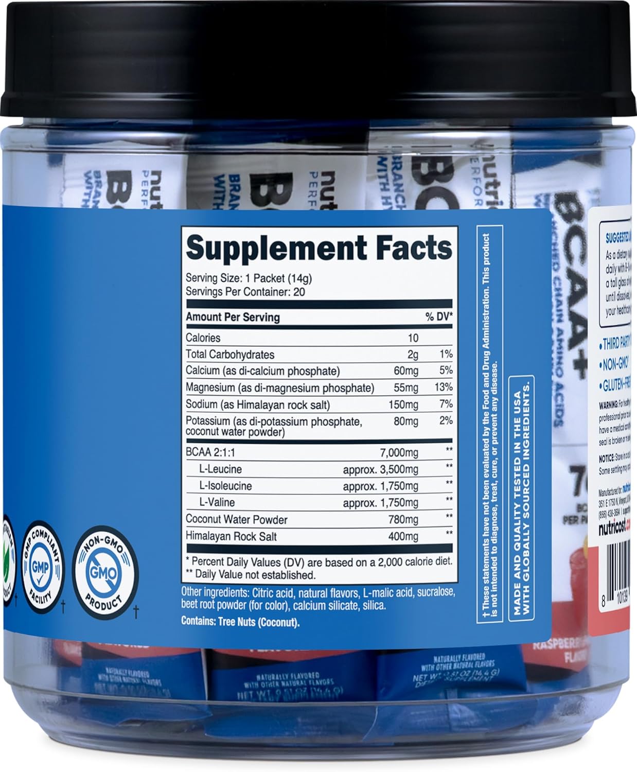 Nutricost Raspberry Lemonade BCAA + Hydration Complex Stickpacks (20) - Gluten-Free, Non-GMO Branch Chain Amino Acids