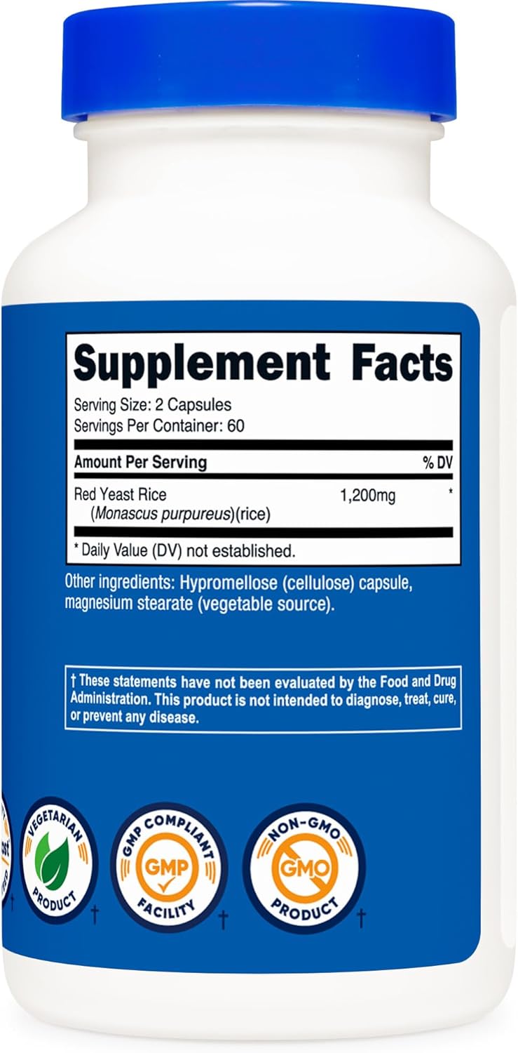 Nutricost Red Yeast Rice 1200mg Capsules - 120 Count, Non-GMO, Gluten Free, Vegetarian Capsules