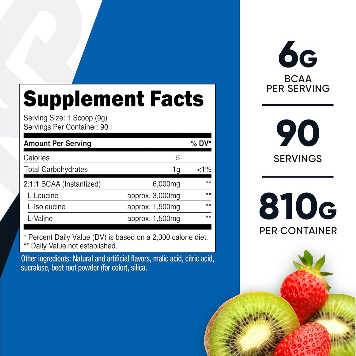 Nutricost Strawberry Kiwi BCAA Powder - 90 Servings, Optimal 2:1:1 Ratio for Muscle Recovery and Growth