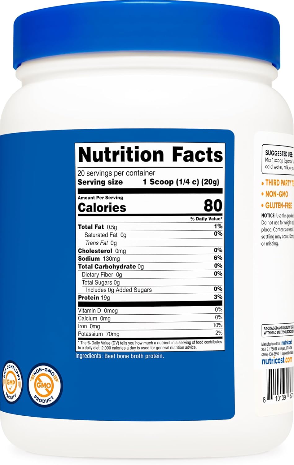 Nutricost Unflavored Beef Bone Broth Protein Powder - 20 Servings, Gluten-Free, GMO-Free