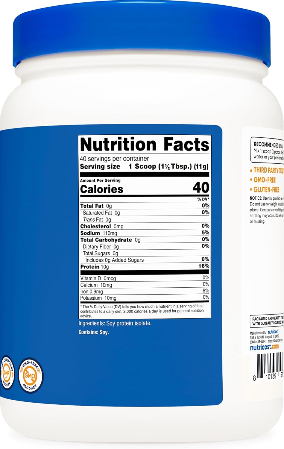 Nutricost Unflavored Soy Protein Isolate Powder - 1 LB, 10g Protein Per Serving, Vegan, GMO-Free, Gluten-Free